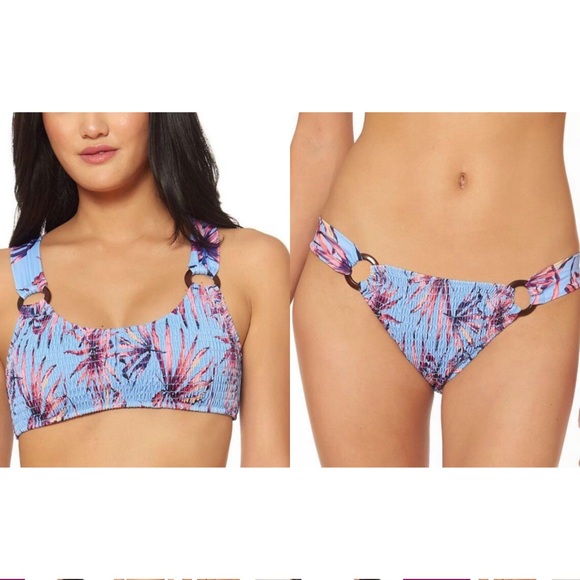 Jessica Simpson Other - Jessica Simpson Palmy Days Smocked O-ring Bikini Top Bottom L/M Lilac Palm Tree
